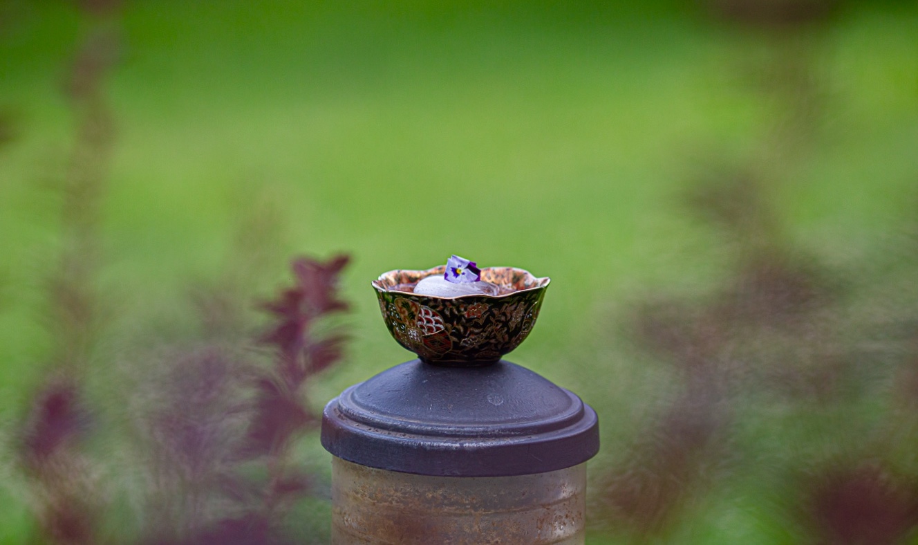 Small patterned bowl serve balanced on a garden post against green planting