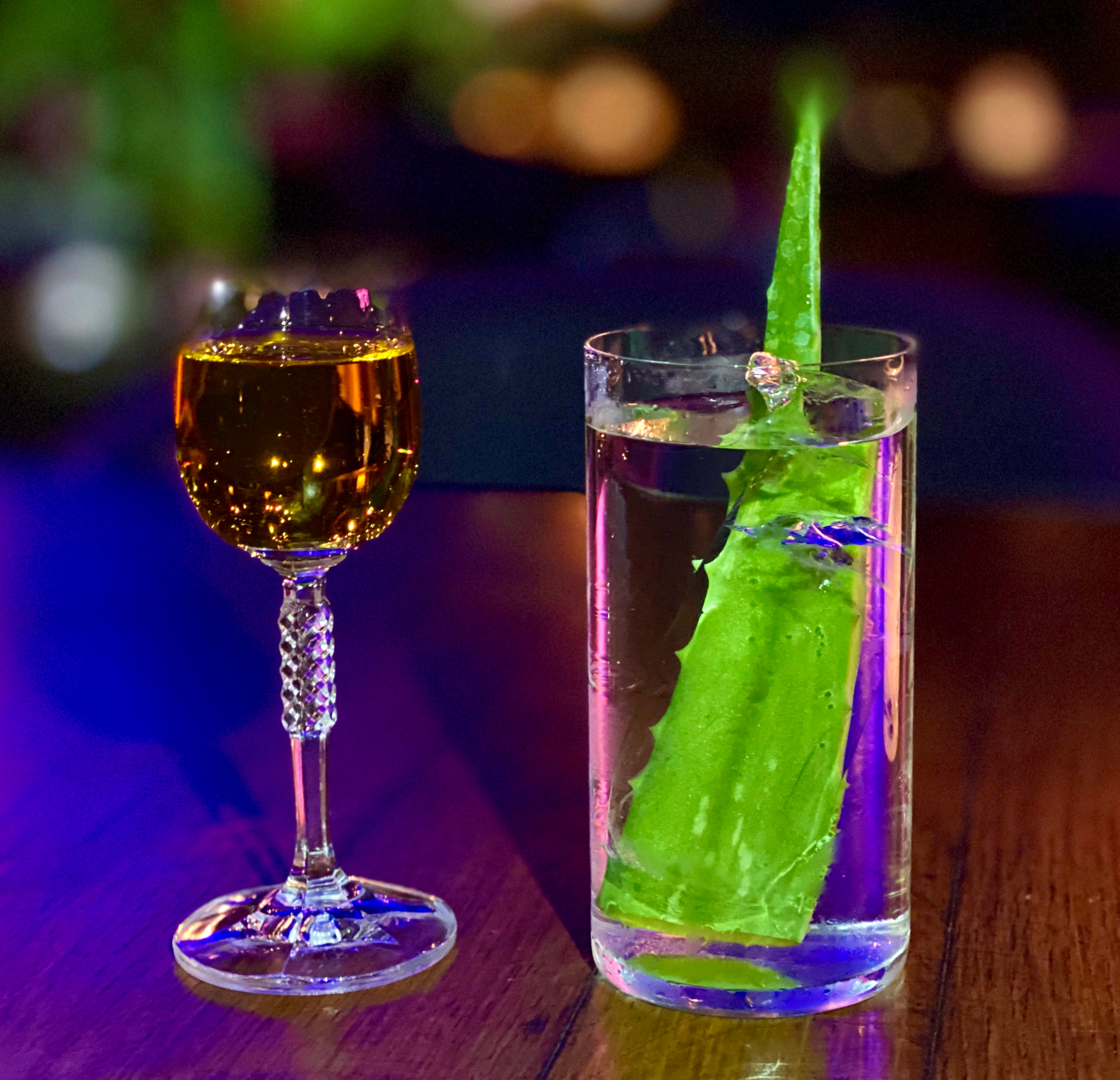Amber cordial glass beside a highball with an aloe leaf under neon light