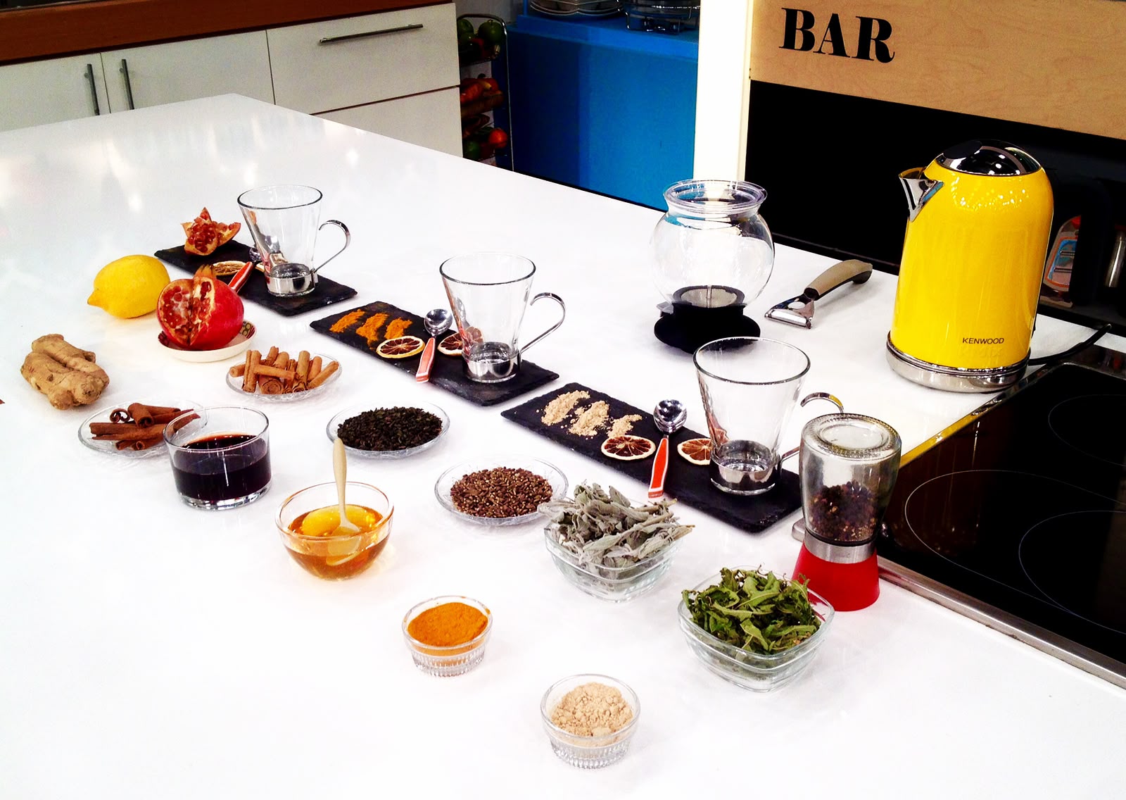 Mise en place of herbs, spices, honey and infusions before filming
