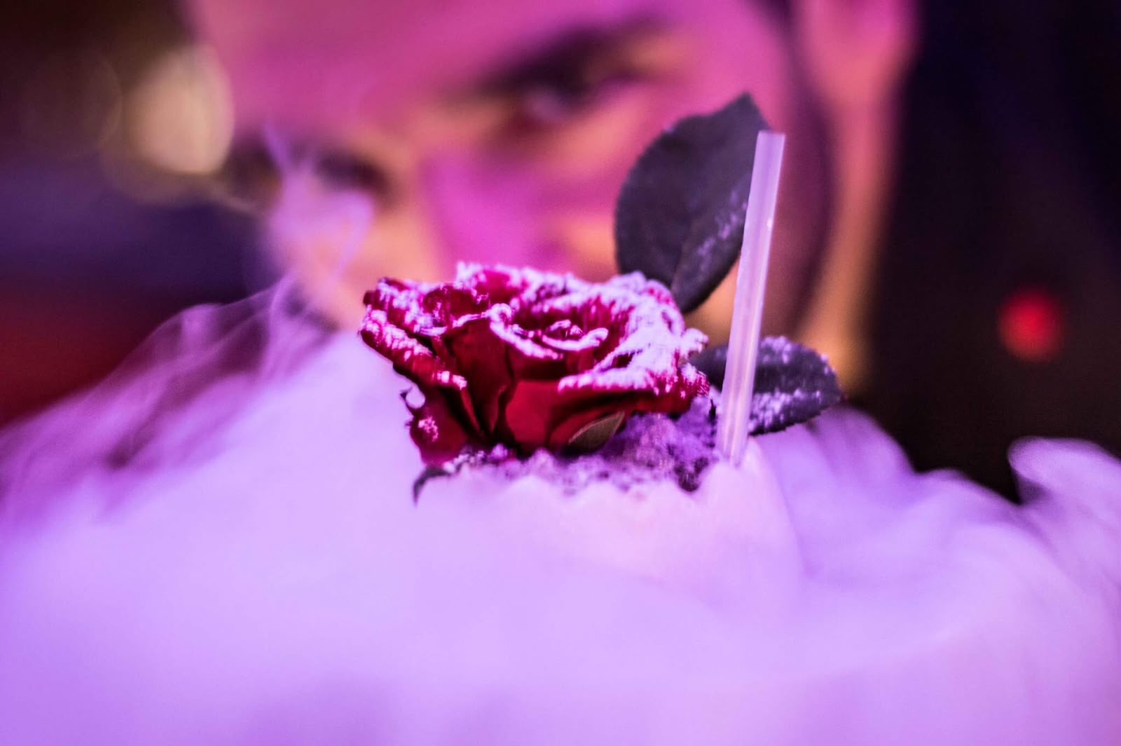 Rose-topped cocktail wreathed in dry-ice smoke under violet light