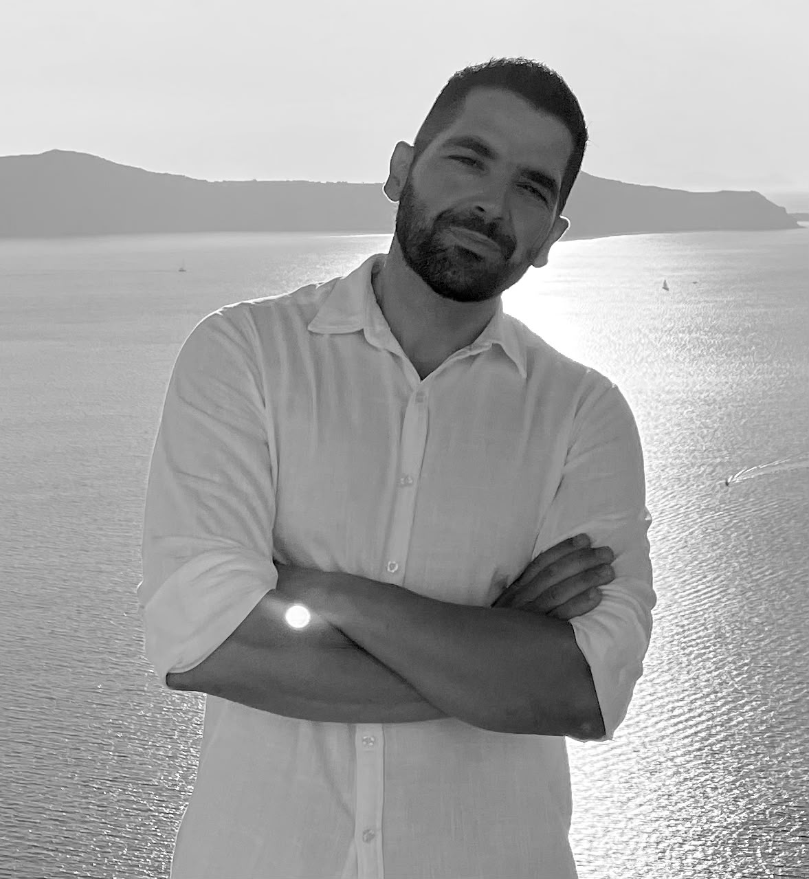 Panagiotis Papavramopoulos above the Santorini caldera