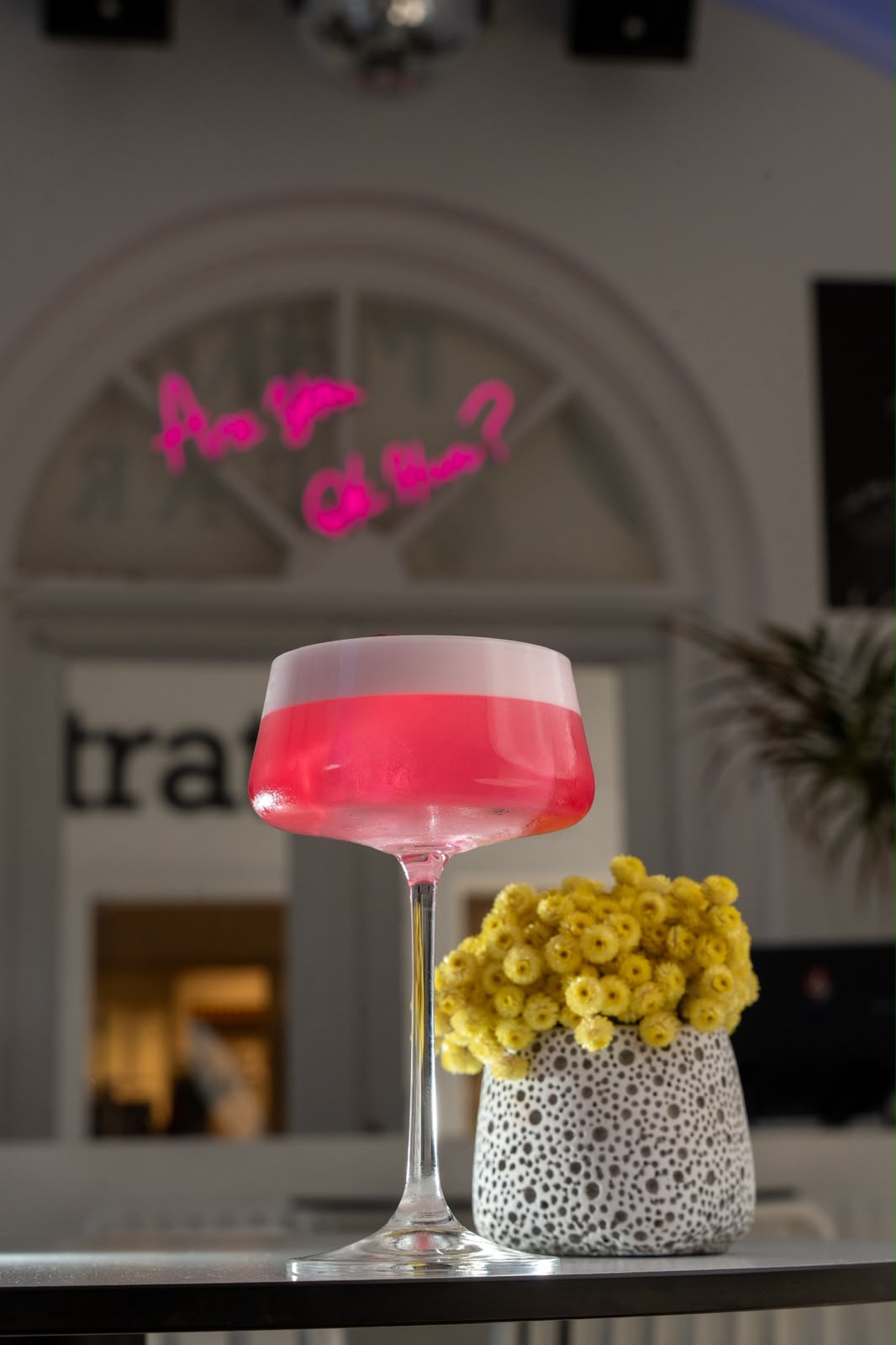 Pink foam-topped signature cocktail beneath the neon sign