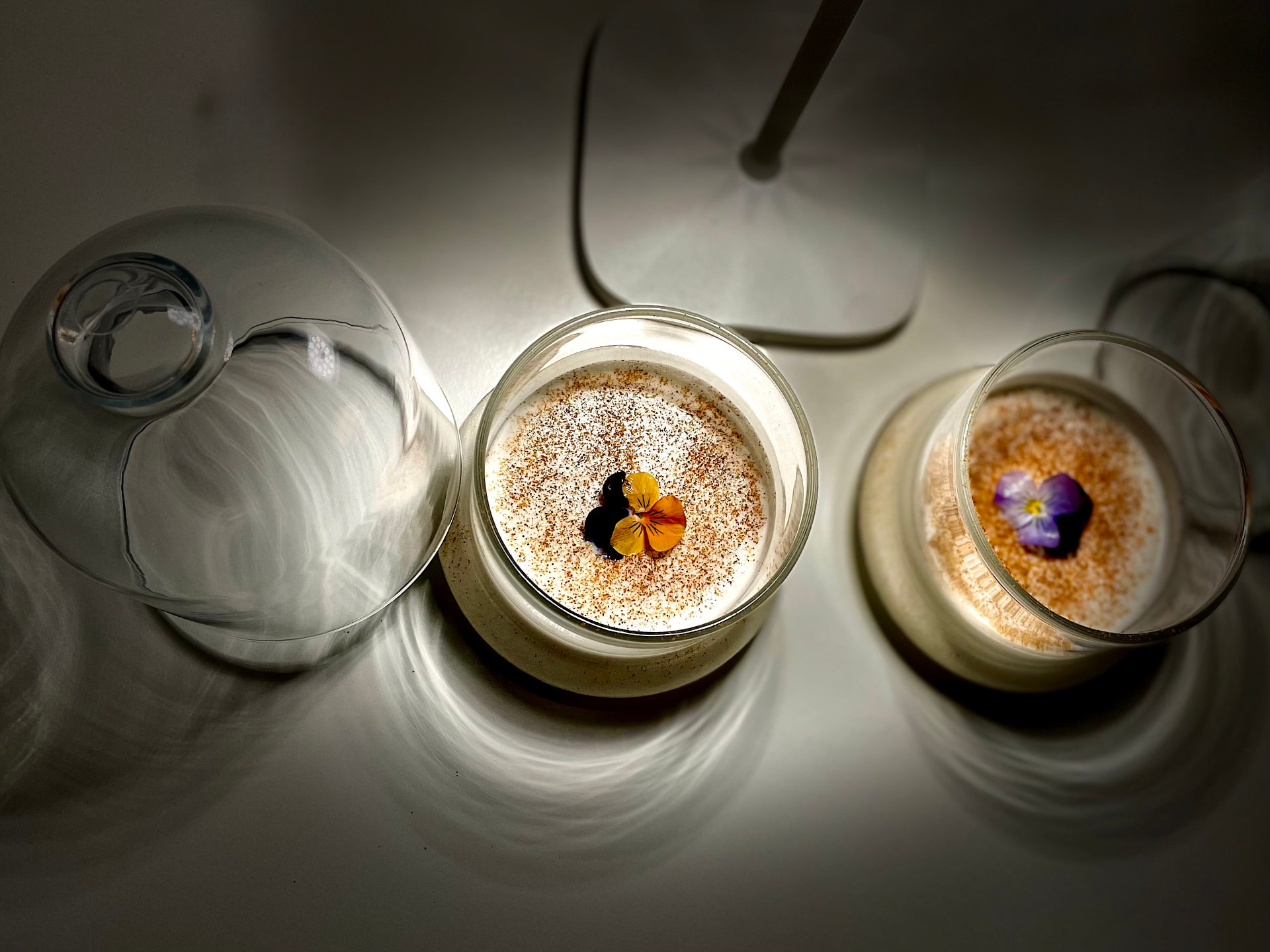 Two foamed cocktails dusted with spice and edible flowers, shot from above