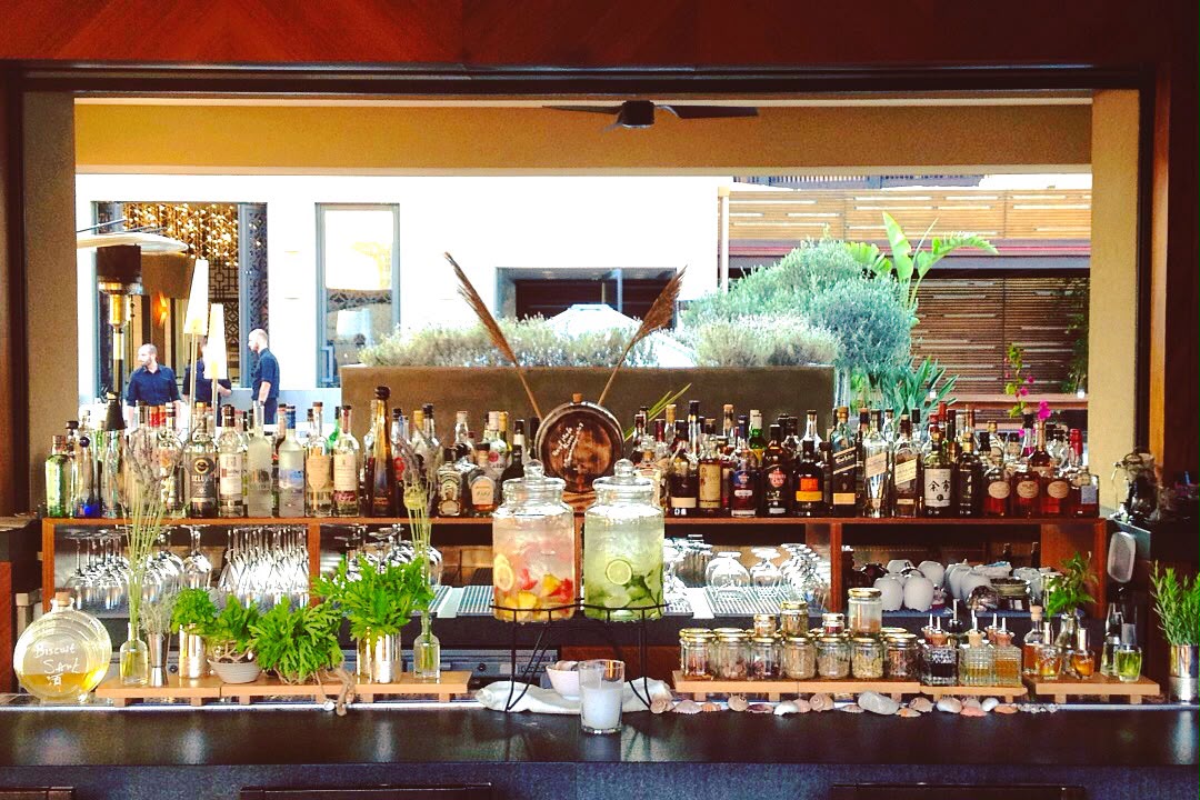 Back bar lined with spirits, herbs and infusion jars open to the garden