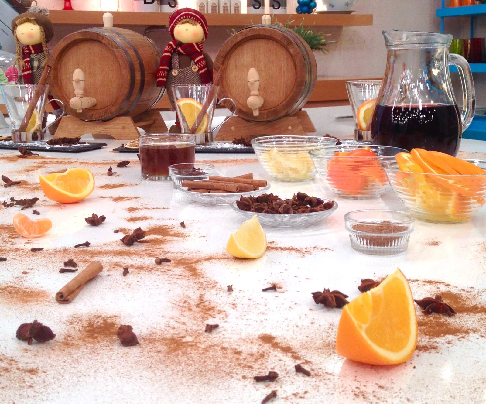 Winter segment with small oak barrels, mulled wine and warm spices